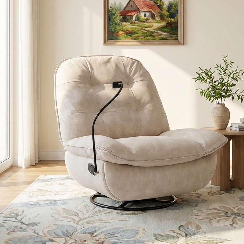 360° Swivel Velvet Recliner Chair Oversized with Mobile Phone Holder, Beige
