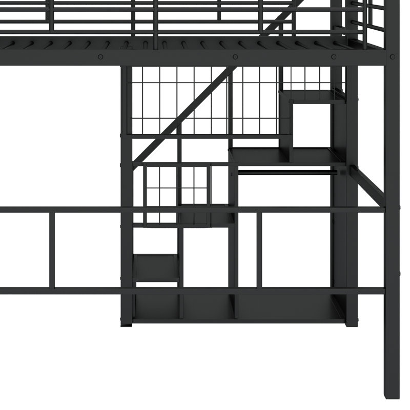 Lit mezzanine simple en métal avec escalier de rangement et garde-robe, Noir, noir, noir, noir
