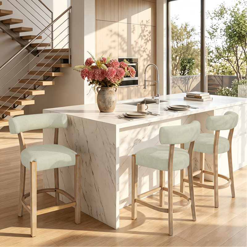 Tabouret de bar 26 po à hauteur de comptoir avec structure en bois massif, Similicuir beige / cadre naturel, 3