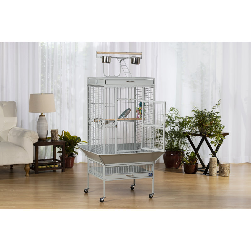 Cage à oiseau avec roues, support, perchoir, plateau Lucile, Étain, Très grand (H 67 po x l 23,5 po x P 35,375 po)