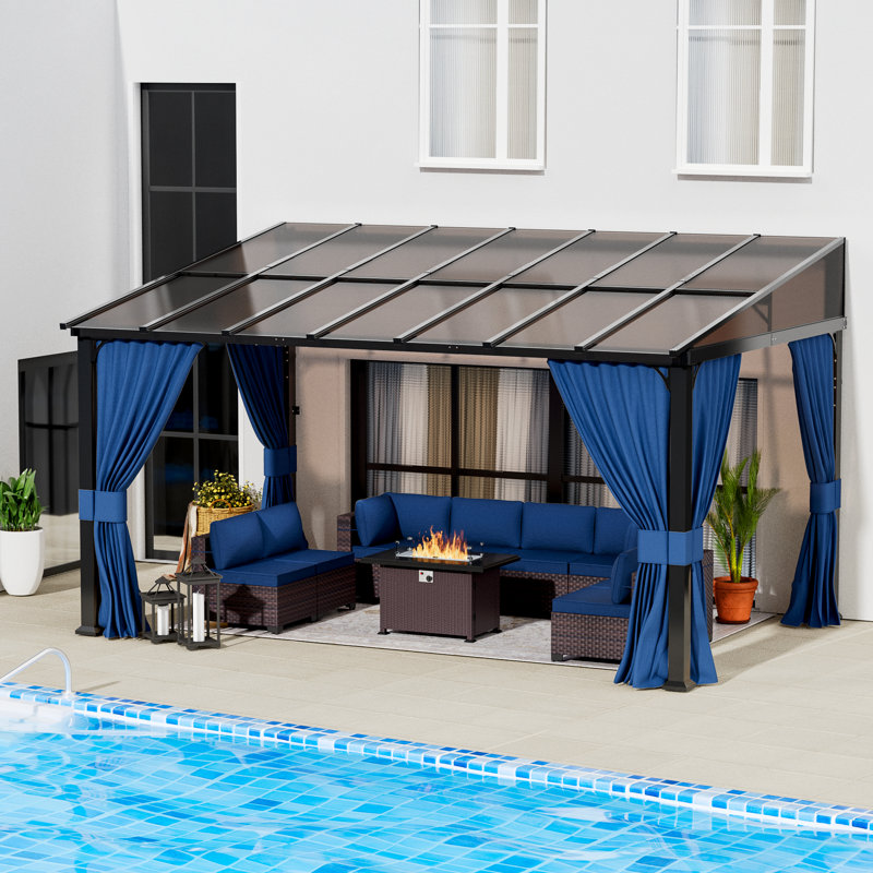 10 Ft. X 14 Ft. Outdoor Hardtop Sloped Roof Gazebo With Mosquito Netting And Privacy Surrounding Curtains