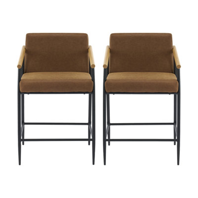 Tabouret de comptoir de 2 po au design Mid-Century, noir et brun, structure en métal, siège d'évier souple, bois naturel, largeur 2 et profondeur moderne 2, finition brun rougeâtre, structure, coussins confortables, massif 300