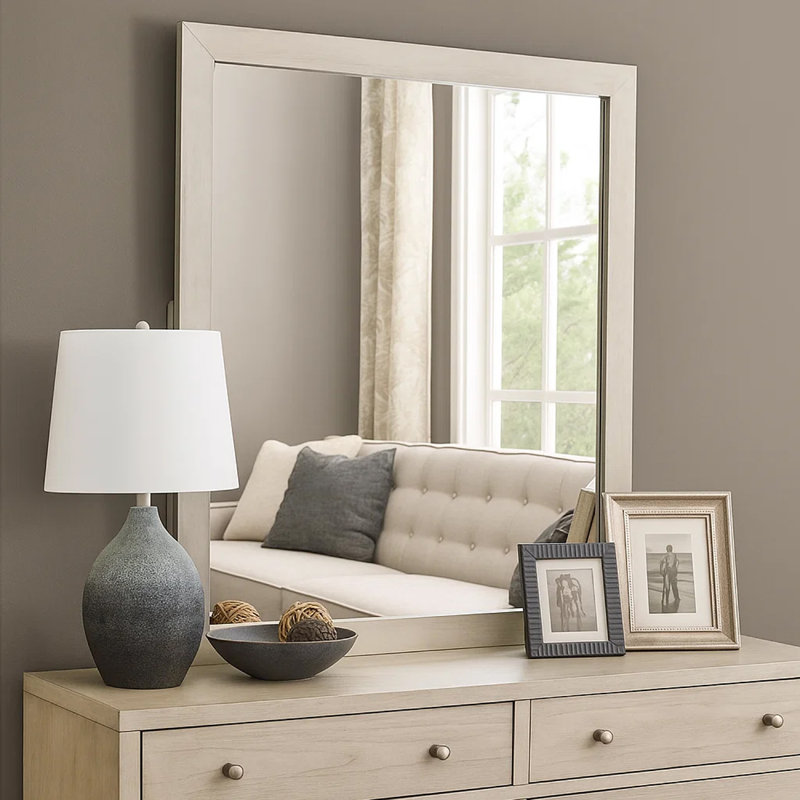 Miroir de commode Hyao, placage blanc délavé, cadre carré de 38 pouces