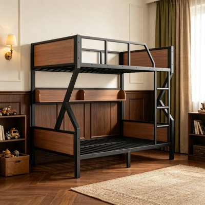 Full over Full Bunk Bed, Metal Bunk Bed with Storage Shelves and Lights, Space-saving & Noise-free Design, Black