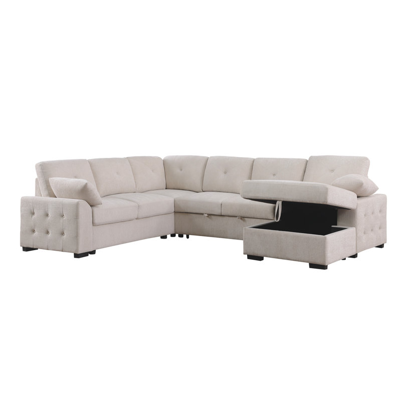 Upholstered Corner Sectional With Pull Out Loveseat And Storaged Chaise, Beige