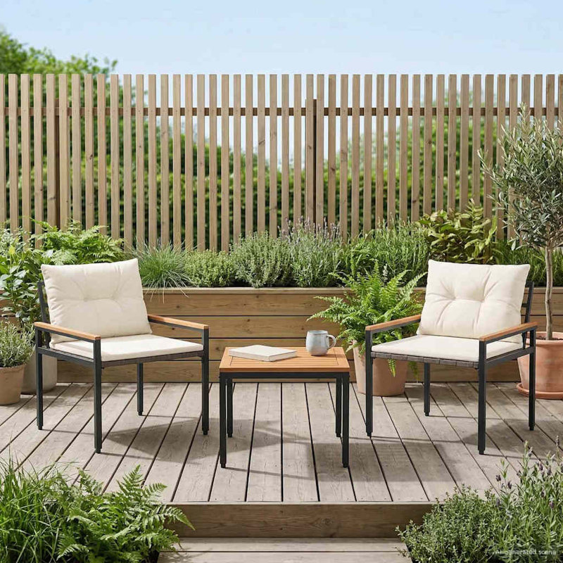  Outdoor Furniture Set with Cushion Poly Rattan Acacia Wood Table Garden, Cream White