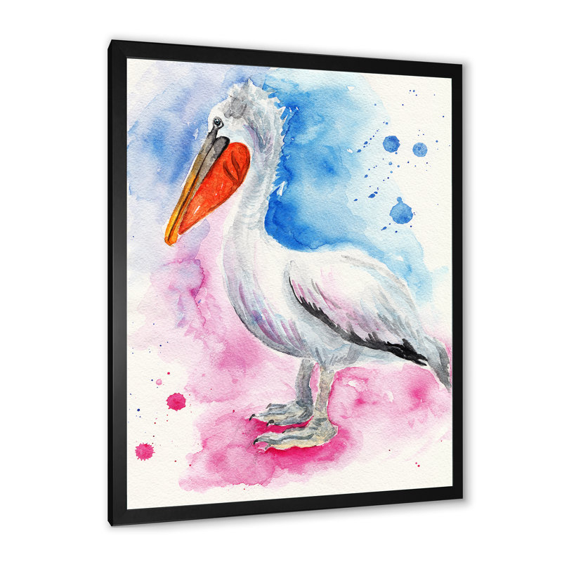 Pélican bleu et rose, H 20 po x l 12 po x P 1 po, Impression noire sur toile encadrée