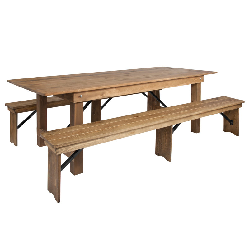 Dejon 8' x 40" Antique Rustic Folding Farm Table and Two Bench Set, 30"H x 96"L x 40"W, Brown