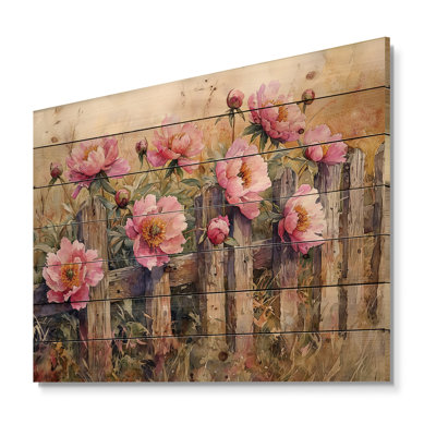 Ferme pivoines par la clôture rustique I - art mural en bois pivoines - sur bois de pin naturel