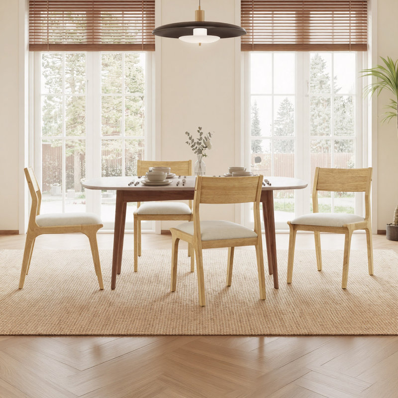 Ensemble de 4 chaises de salle à manger rembourrées avec cadre en bois vendu, 4, Linen, Natural