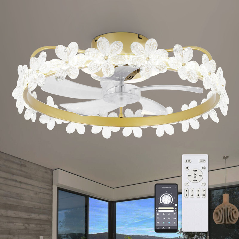 Lilburn 21-In Modern Smart Low Profile Flush Mount Crystal Ceiling Fan with Lights and APP Control for Kids Bedroom