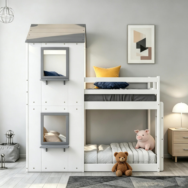 Lit superposé simple pour lit d'enfant avec toit, fenêtres et tablettes Kids, Naturel, Plein