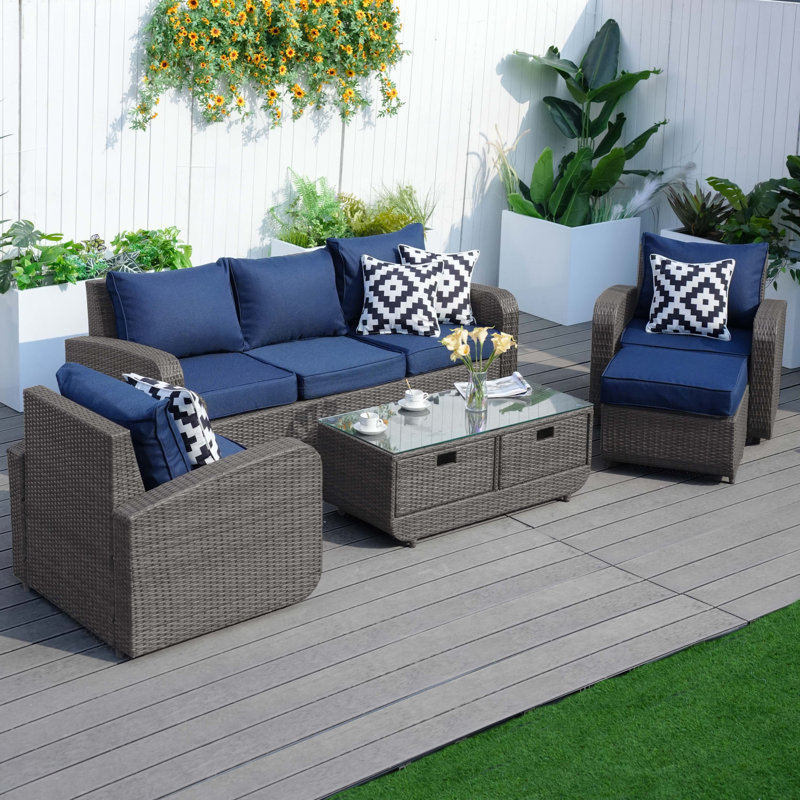 Ensemble de conversation d'extérieur pour 5 personnes avec coussins, Gris, Bleu