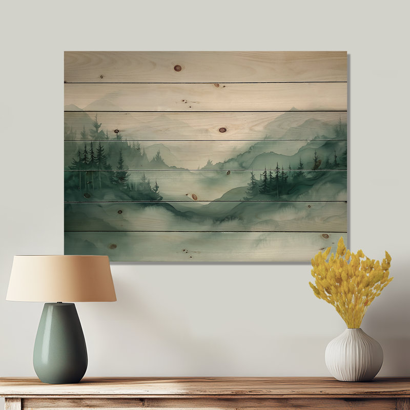 Fading Light Gradient Forest Landscape I - Paysage de montagne, décoration murale en bois sur bois de pin naturel