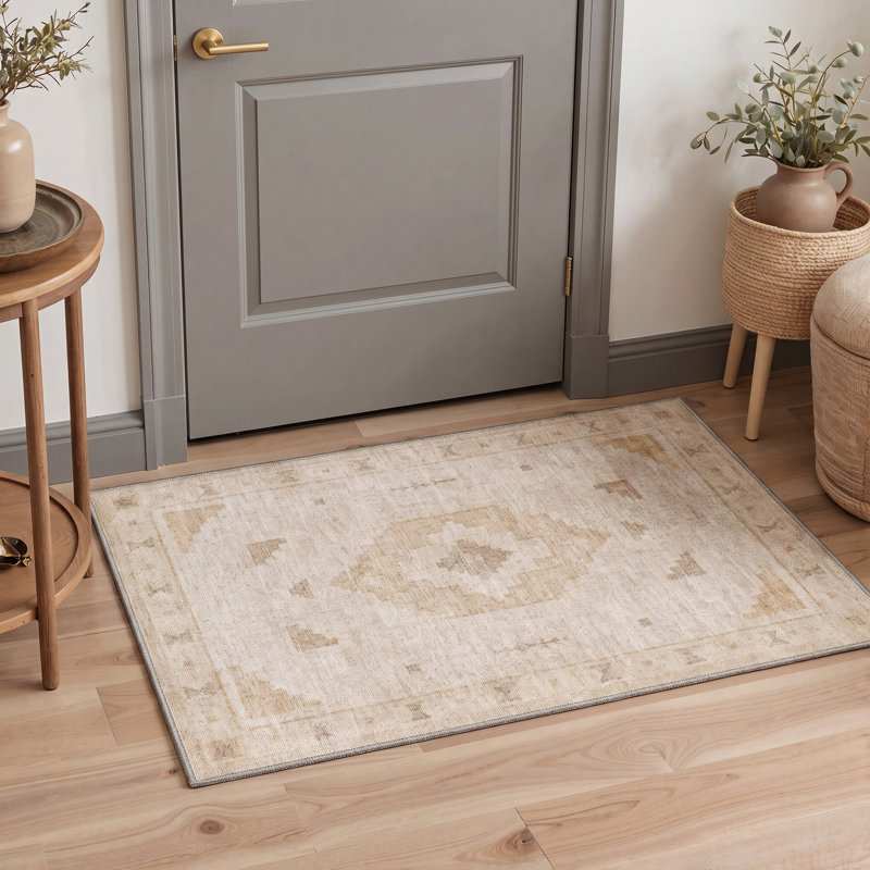 Tapis de porte géométrique beige/ivoire moderne, performant, à poils courts, lavable et antidérapant, Rectangle 2' x 3'