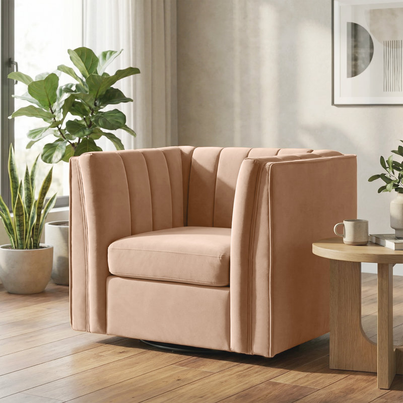 35.4'' Wide Upholstered Swivel Chair, Beige Chenille