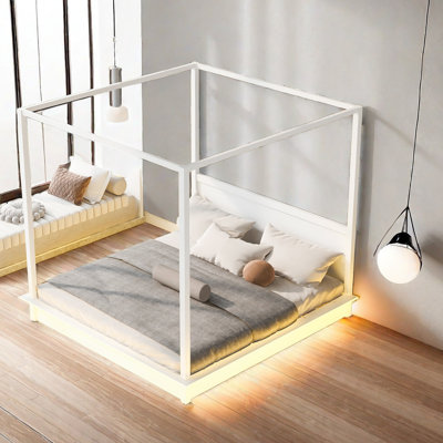 Twin Size Wood LED Canopy Bed, Canopy Platform Bed With Support Slats, No Box Spring Needed, White