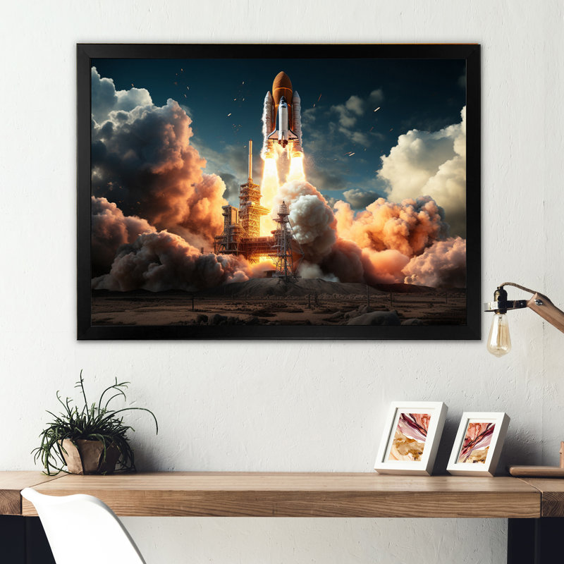 Lancement de fusée I sur toile, H 24 po x l 32 po x P 1 po, Cadre simple noir
