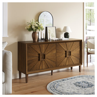 60'' Rustic American Farmhouse Credenza - Solid Wood TV Stand with Symmetrical Sunburst Doors & Adjustable Shelves