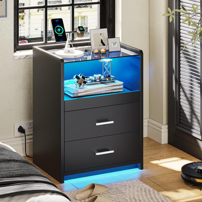 Nightstand with Charging Station and LED Lights, 2 Drawers LED Night Stand with Tempered Glass Tabletop