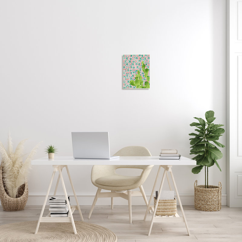 31, art mural sur toile tendue à motif de cactus sur fond rose par Jen Bucheli, H 15 po x l 10 po, Plaque murale