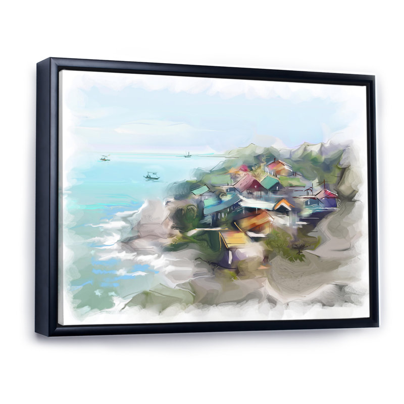 Maison de rêve par le paysage marin - peinture sur toile, H 24 po x l 32 po, Toile à cadre flottant noir