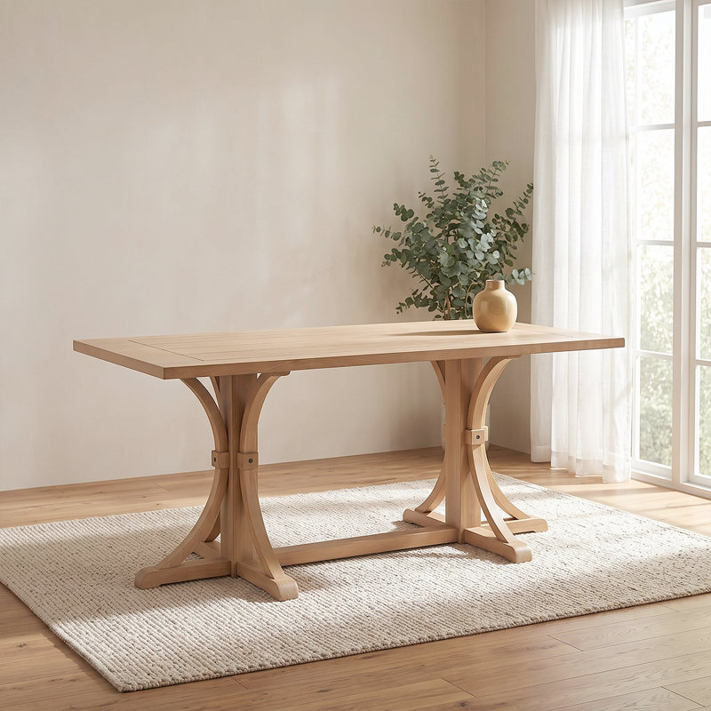 Table de salle à manger rustique en bois massif 60 po pour 6 personnes avec base à tréteaux et finition chêne, Beige