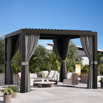 Aurora 10 Ft. X 10 Ft.  Louvred Pergola With Adjustable Double -Layer Lovers,Built-In Gutter System And USB Power Socket,Mosquito Netting And Curtains