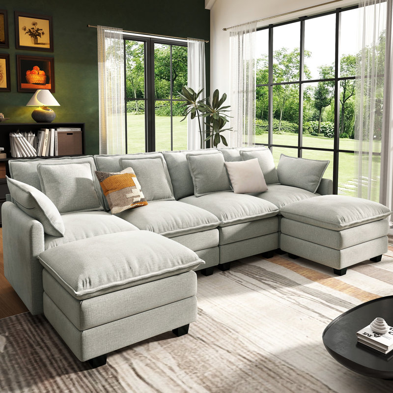 George 6-Piece Upholstered Chenille U Shaped Sectional Sofa with Two Ottomans, Gray