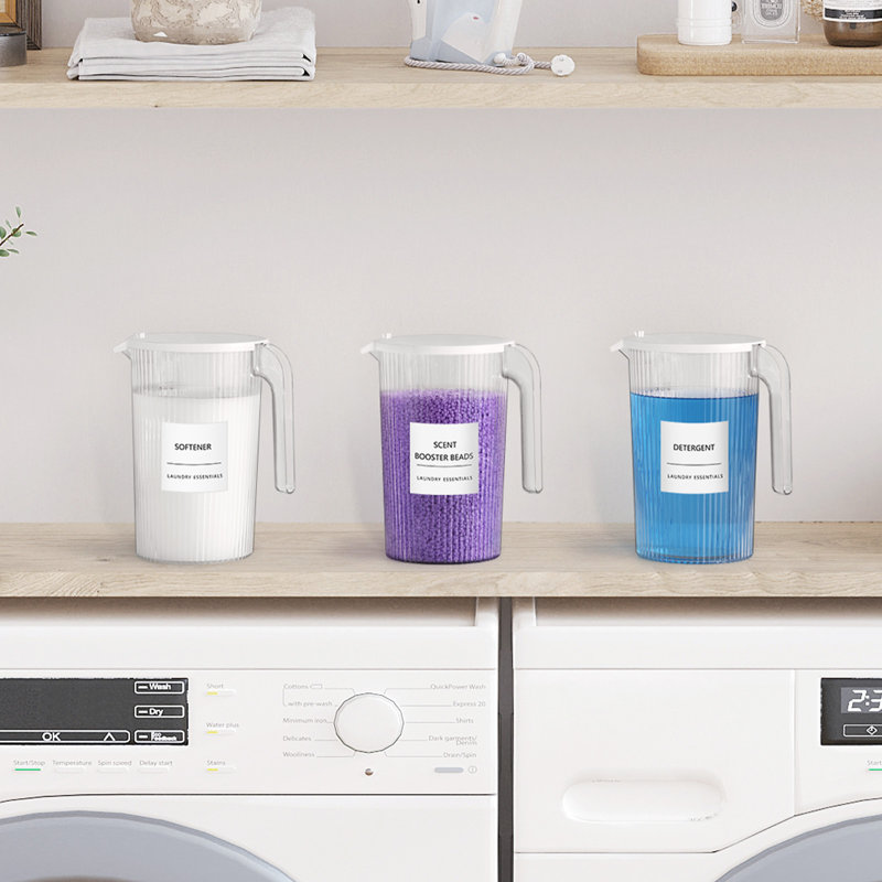Distributeur de détergent à lessive en plastique avec poignée, contenants à détergent 51 oz avec couvercle anti-poussière entièrement couvert, 8 lables, adoucisseur, contenant à perles pour l'organisation de la salle de lavage, transparent, 2 paquets