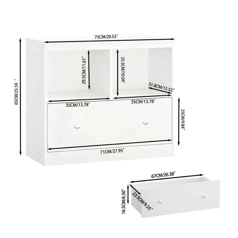 Armoire de rangement moderne blanche avec 2 tablettes ouvertes et un grand tiroir, organisateur minimaliste pour le salon, le vestibule ou la chambre à coucher