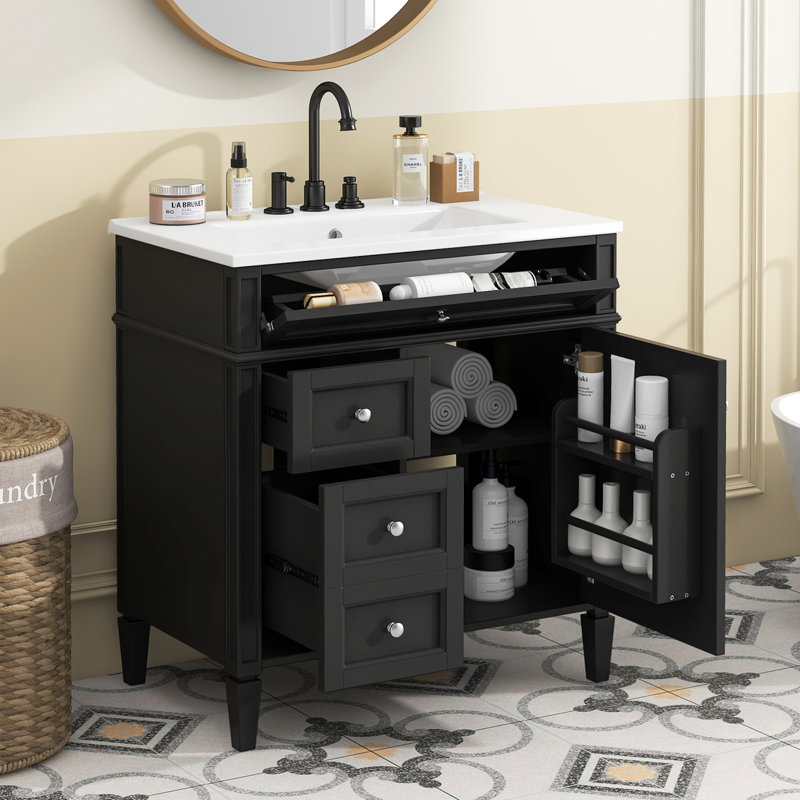 Meuble-lavabo moderne avec lavabo supérieur, 2 tiroirs et un tiroir basculant, noir, Noir, noir, noir, noir