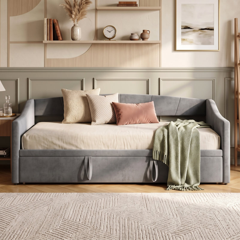 UK&EU 3-in-1 Velvet Extendable Daybed with Pop-Up Trundle, Upholstered Sofa Bed Frame, Beige & Grey, 90x190/200cm, Grey