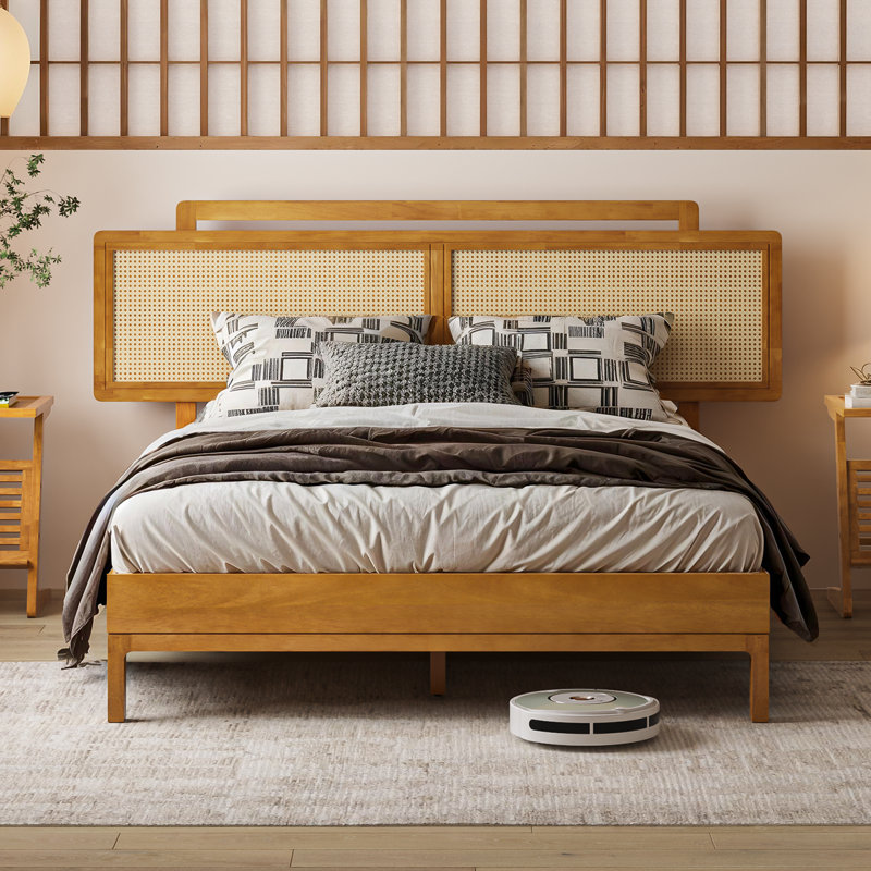 Structure de lit Neil avec tête de lit en bois d'hévéa et en rotin - design minimaliste élégant japonais, fabrication robuste, assemblage facile - grand, brun teck