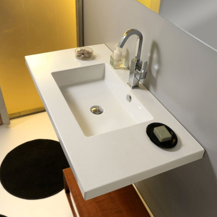Lavabo de salle de bain mural rectangulaire en céramique avec trop-plein Mars, Monotrou