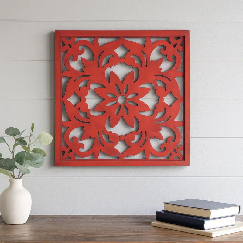 Plaque murale carrée en bois à motif floral, rouge