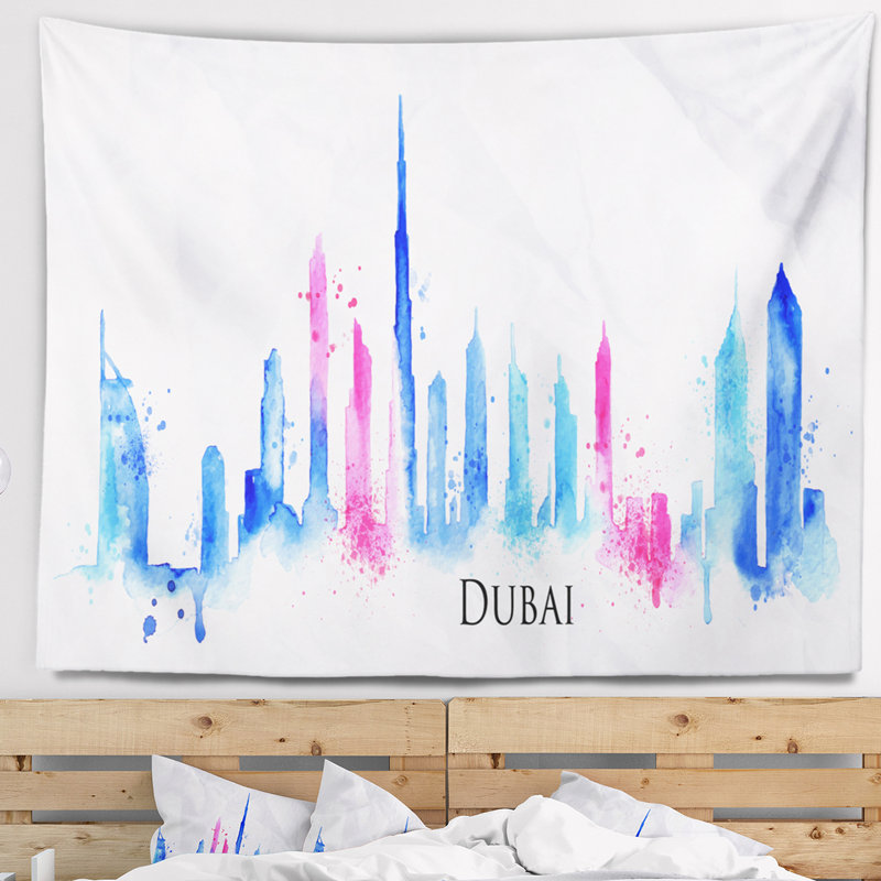 Tapisserie dubai silhouette colorée de paysage urbain, H 32 po x l 39 po