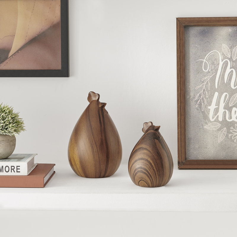 Elize Set Of 2 Modern Abstract Walnut Finish Tabletop Hen Chicken Sculpture Figures
