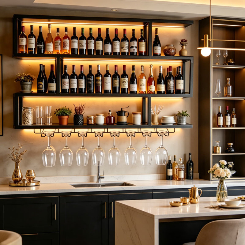 Support à vin mural avec éclairage DEL et porte-verre suspendu - tablettes flottantes à 4 niveaux pour le rangement de bouteilles et de verres à pied - décor de bar moderne pour la cuisine, la salle à manger ou le bar à la maison