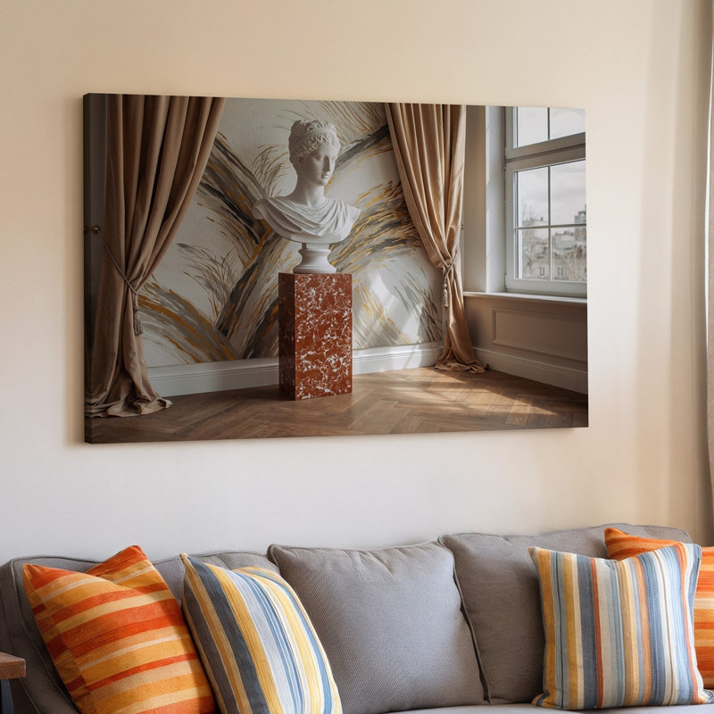 Toile, une scène d'intérieur classique mettant en vedette un buste en marbre blanc sur un art mural, H 9 po x l 12 po