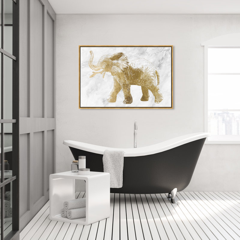 Oliver Gal " Golden Elephant Marble And Ink, Marble Elephant Modern White ", Gold Plastic Framed, 31" H x 46" W 