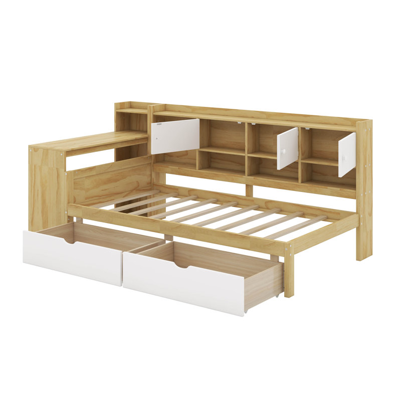 Lit de jour simple avec armoires et tiroirs, Naturel / Blanc