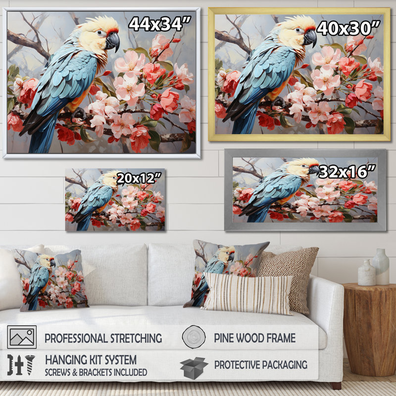 Perroquet bleu exotique à plumes gracieuses - salon d'art mural perroquet, Cadre flottant noir, H 34 po x l 44 po x P 1,5 po