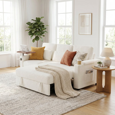 81" 3-in-1 Foldable Sofa Bed with Table & USB Ports, Chenille 3-Seater Convertible Couch, Adjustable Backrest, Storage Armrests, Space-Saving for Living Room, Apartment