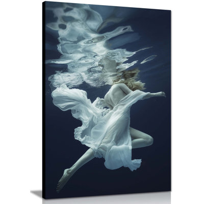 Graceful Woman In A Dress Underwater - Wrapped Canvas Print