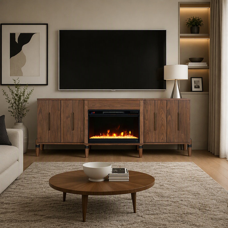 Meuble télé moderne avec foyer électrique, grand espace de rangement et chauffage réglable pour téléviseurs grand écran.