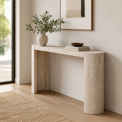 Console en faux marbre beige de 135 cm (53,25 po), table d'entrée mince en MDF avec motif marbre, table d'appoint moderne et étroite pour couloir, entrée et salon