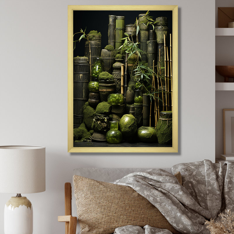 Tranquil Greenery Bamboo Oasis I - Art mural en bambou, H 32 po x l 16 po x P 1 po, Cadre flottant blanc