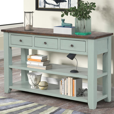 Console Retro Blue + Brown, bois de pin massif de 48 po, 3 tiroirs et 2 tablettes, entrée moderne pour le côté simple de l'assemblage en bois avec fonction pour le salon, la chambre à coucher