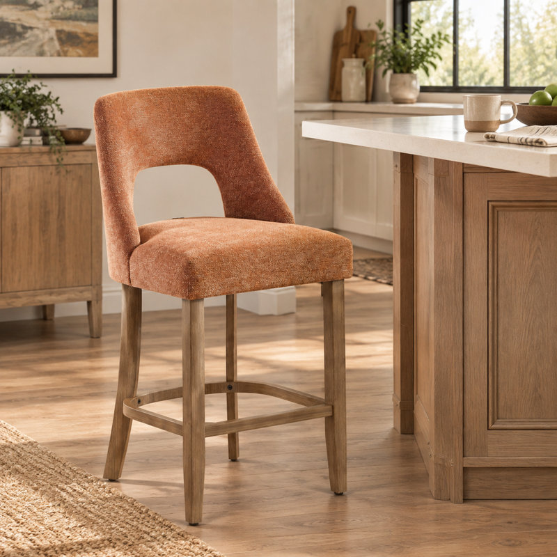 Ensemble de 2 tabourets de bar modernes, hauteur du comptoir, rembourrés, pieds en bois, pour îlot de cuisine ou salle à manger, orange